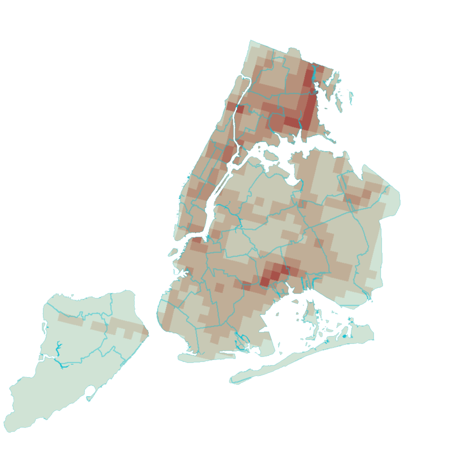 Map showing the concentrations of PM2.5 from trucks and buses in NYC